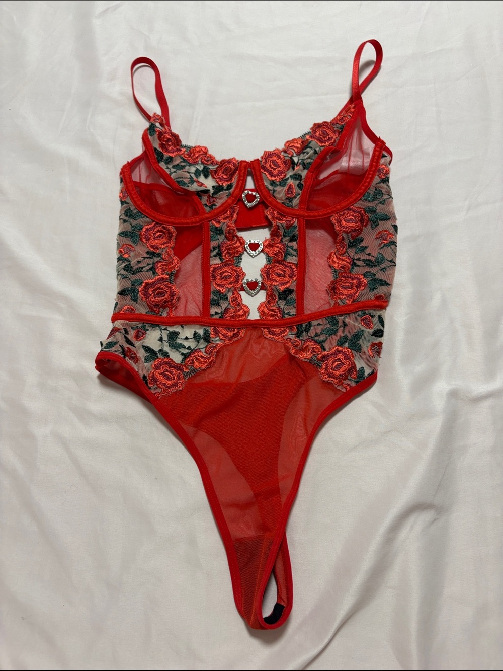 Red Floral Embroidered Sheer Bodysuit
